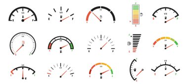 Fuel gauge scales. Gas meter, petrol level indicator for car dashboard panel design. Gage dials with empty and full marks vector set. Vehicle equipment for measurement, car display clipart