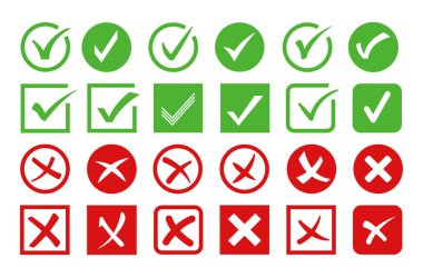 İşaretleme ve çapraz simgeler. Doğrulama işareti, onaylandı ve reddedildi. Farklı stiller vektör seti kabul edildi ve reddedildi. Doğru ve yanlış seçim, doğru ya da yanlış cevap kavramı