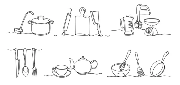 Одна Лінія Харчового Ресторану Емблеми Столові Прилади Чайник Чашкою Посуд — стоковий вектор