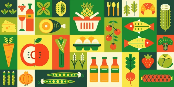 幾何学的な食料品店モザイク 健康食品 グルメショップバナーやスーパーマーケットのプロモーションベクトルグリッドタイルの背景イラスト 自然野菜 — ストックベクタ