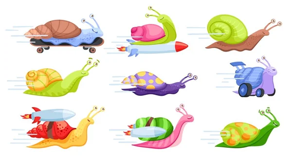 卡通快蜗牛 涡轮火箭快速移动蜗牛 滑板上玩乐的脚类 慢跑和幽默的赛程矢量图集 有趣的动物人物形象与五彩缤纷的贝壳争先恐后 — 图库矢量图片