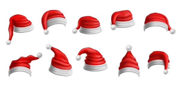 Gerçekçi Noel Baba Şapkası Noel Kırmızı Şapkası Tüylü Beyaz Kenarlı — Stok Vektör
