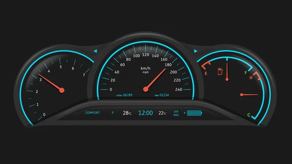 Car Dashboard Vehicle Performance Monitoring Indicators Gauges Fuel Level Speedometer — Stock Vector