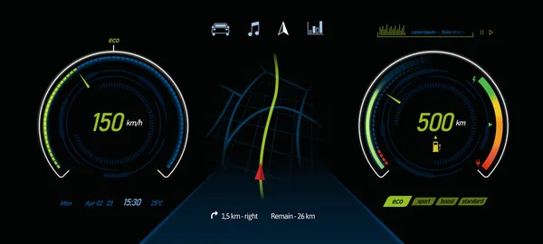 電気自動車ダッシュボード 電気パワーベクトルイラストテンプレート上で実行されている車のための様々な指標 ピクトグラムアイコンやゲージを持つEvオートUi 速度計付き車両モニタ — ストックベクタ