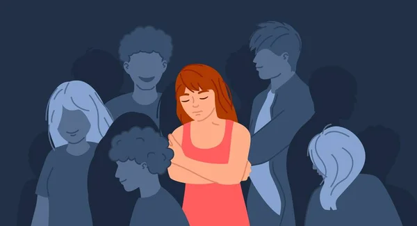 Depressieve Menigte Sociale Eenzaamheid Verdriet Uitputting Depressief Meisje Int Menigte — Stockvector
