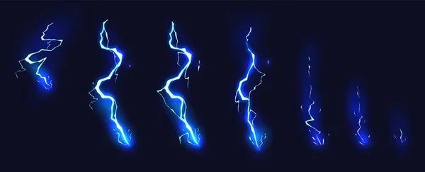 漫画雷アニメーション 電気ストライキ 魔法の電気ヒットと雷効果ベクトルイラストセットのアニメーションフレーム 青い光る嵐のボルトのゲーム資産コレクション — ストックベクタ