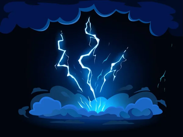 漫画の落雷 雷雨雲 衝撃フラッシュ効果ベクトルイラストからのサンダーボルトヒット 嵐の天気空から青い光るボルト 危険な漫画のエネルギー爆発 — ストックベクタ
