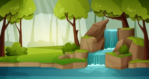 Mountain waterfall landscape. Tropical rainforest water cascade on cliff with splashes foliage stones, river stream on rock cartoon style. Vector illustration. Wildlife, beautiful environment