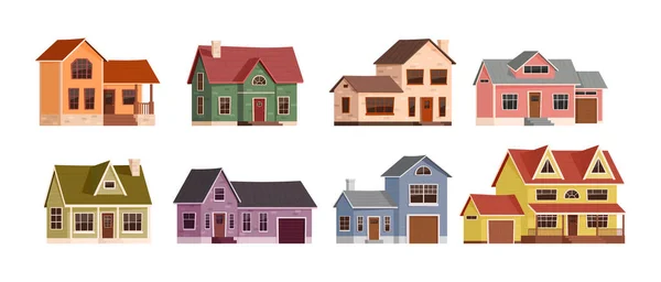 Cartoon American Suburban Houses Home Exterior Suburbs Neighborhood Buildings Real — Stock Vector