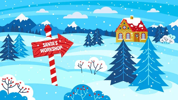 Santas Workshop Severní Pól Vánoční Sídlo Elf Vesnice Karta Pro — Stockový vektor