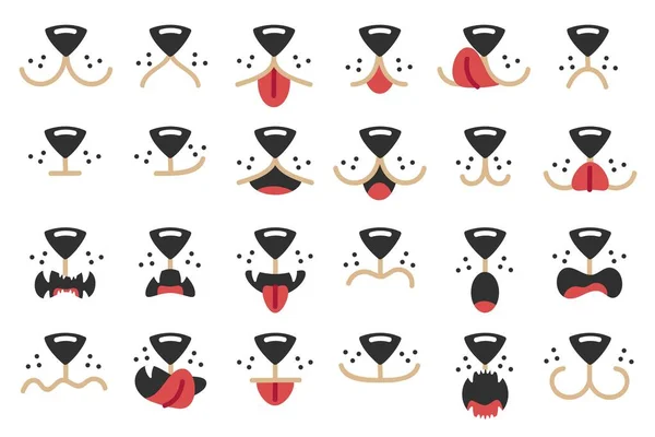 Dogs mouth. Cute pet facial expressions, happy animal mask and face paint dog elements cartoon vector set. Funny character with different emotions, sad, scared and surprised, isolated collection