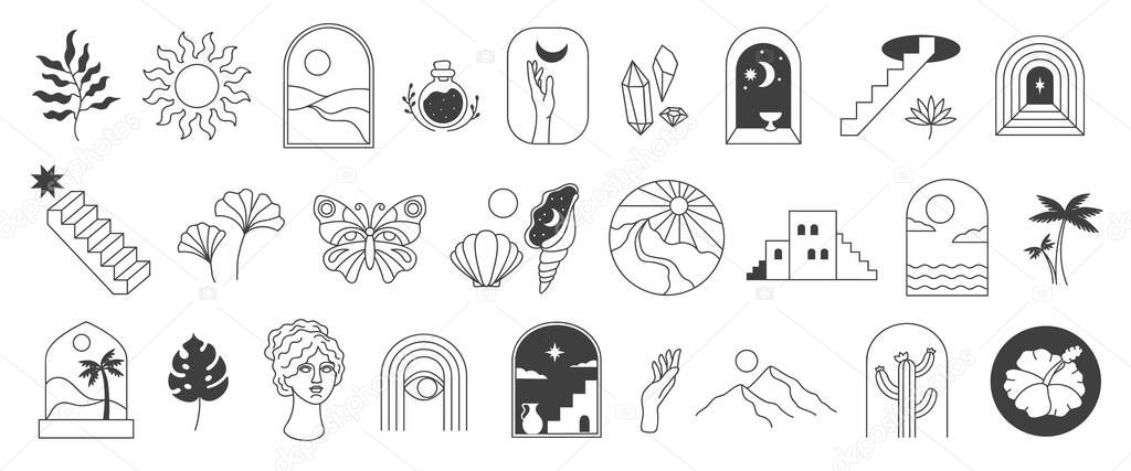 Bohemian line art. Boho aesthetic nature and artistic elements, linear minimalist abstract vector illustrations set. Flower and plant leaves , moan and sun tattoo isolated symbols collection