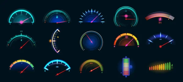 Car Dashboard Meter Designs Colorful Speedometer Fuel Gauge Battery Level — Stock Vector