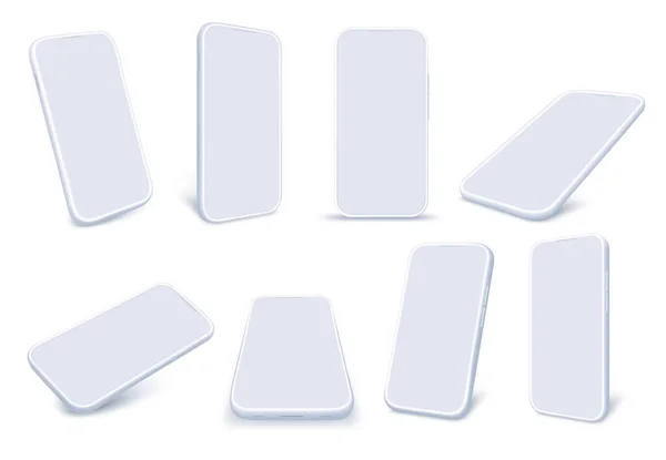 白色手机的模型 最小的智能手机屏幕框架 轻便的3D移动设备和隔离手机与现实的阴影矢量模板集 从不同角度看待孤立的小玩意 — 图库矢量图片