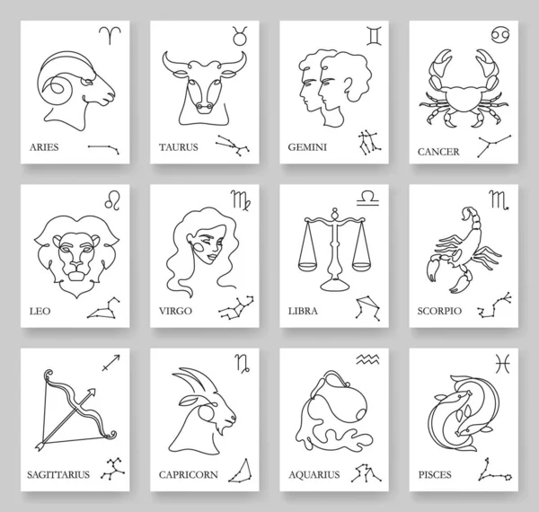 Ciągłe Jednoliniowe Znaki Zodiaku Minimalistyczne Karty Horoskopowe Symbolem Zodiaku Ilustracją — Wektor stockowy