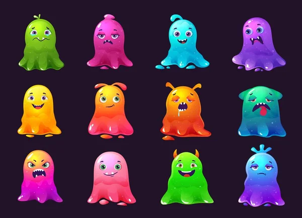 Monstruos Dibujos Animados Personaje Pegajoso Blob Criaturas Gelatina Color Divertido — Vector de stock