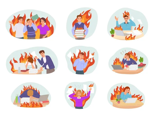 Burnout Profesional Angajații Incendiați Locul Muncă Haosul Biroului Desene Animate — Vector de stoc