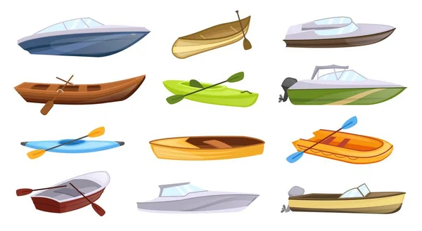漫画のボートの種類 パドル カラーカヌー 釣りベクトルイラストセットのためのパワーボートと海のボート 旅のためのモーターボート 輸送隔離されたコレクションのための異なる船 — ストックベクタ
