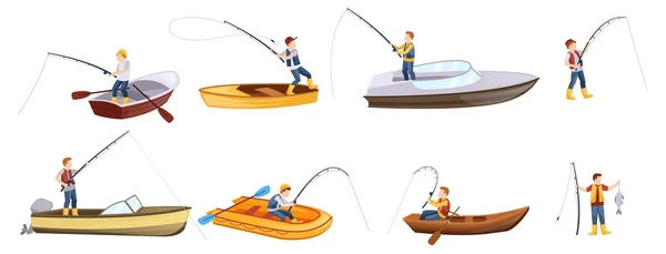 Cartoon Fisherman Characters People Fishing Boat Cast Fishing Rod Catching — Stock Vector