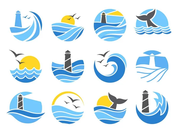 海の紋章 カモメ 灯台アイコンとクジラの尾のシルエットベクトルイラストセットで海の波 波状の表面 日の出と水の流れ 水環境ロゴコレクション — ストックベクタ