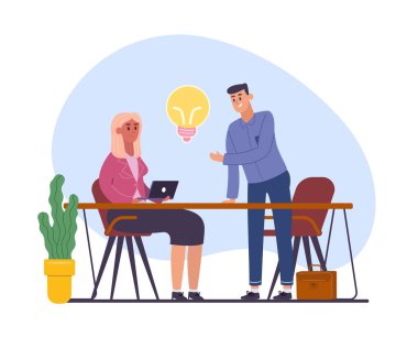 Yaratıcı fikir, iş çözümü ve ilham. İş çözümleri, yaratıcı, ampul ve beyin fırtınası. Vektör illüstrasyonu