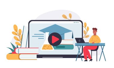 Evde dizüstü bilgisayarı olan uzaktan eğitimli bir adam. Bilgisayar eğitimi interneti, çevrimiçi dizüstü bilgisayar teknolojisi illüstrasyonu