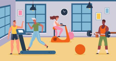 Spor salonundaki spor aktiviteleri, insanlar kendini güçlü kılar. Jimnastik, egzersiz ve idman illüstrasyonunun vektörü