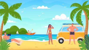 Sahildeki tatil köyündeki insanlar, dinlenin ve dinlenin. Kumsalda dinlenme, deniz kenarında tatil, deniz kenarında illüstrasyon tatili.