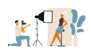 Fotoğrafçılar ve modeller, profesyonel kameraman çalışma süreci. Model fotoğrafçı, kamera ve kameraman profesyonel illüstrasyon