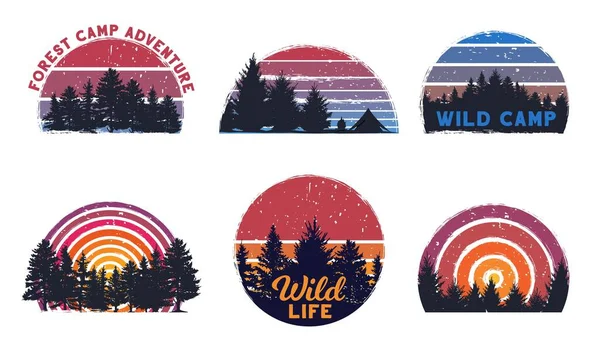 Retro Forest Sunset Wild Camp Sunrise Camping Nature Trees Grunge — Stock Vector
