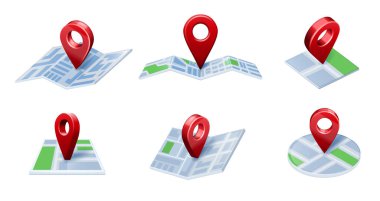 Haritadaki iğne. 3D konum simgeleri, şehir GPS navigasyon ve haritalar okları gösteren izole vektör illüstrasyon seti pin gps şehri, konum navigasyonu