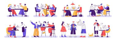 Restoran ve kafe ziyaretçileri. İnsanlar restoran masalarında birlikte yiyip içiyorlar, buluşmaktan ve kutlamaktan zevk alıyorlar. Ziyaretçili restoran kafesinin geometrik vektör çizimi