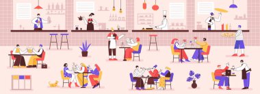 Yemek katı. Yemek yiyen, içki içen ve konuşan insanlarla dolu bir restoran. Kafe masalarına gelen ziyaretçiler, yemek ve sandalyeli restoran kafesi illüstrasyonunun keyfini çıkarıyorlar.