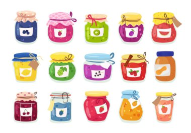 Homemade jams in glass jars. Gourmet sweet meals from berries, fruit preserves and peanut butter. Tasty jam isolated vector collection of jam jar sweet clipart