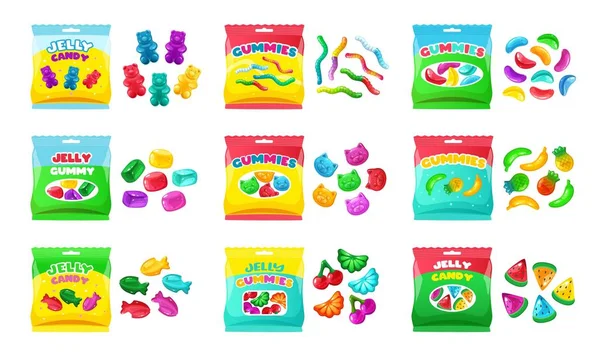 Kreskówkowe Cukierki Galaretką Cute Candy Opakowanie Odmiany Wielokolorowe Żelki Żelki — Wektor stockowy