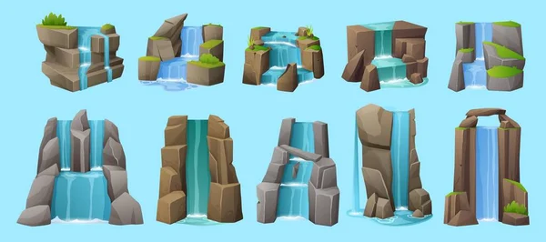 Stock vector Waterfall set. Water cascade stream on stones, cartoon scenic river flow on cliff natural tropical paradise panorama. Vector isolated collection of cascade water in rock illustration