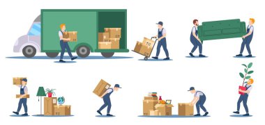 Taşıma servisi. Teslimat görevlileri kutuları ve kanepeyi kamyona yüklüyorlar. Lojistik karikatür çizimleri servis elemanlarının çizimleri.
