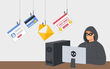 Korsanlar saldırıyor. İnternet dolandırıcılığı, online güvenlik tehditleri ve spam tehlikesi. Kişisel bilgisayar vektörü illüstrasyonlu hacker karakteri İnternet, bilgisayar saldırısı ve suç verileri