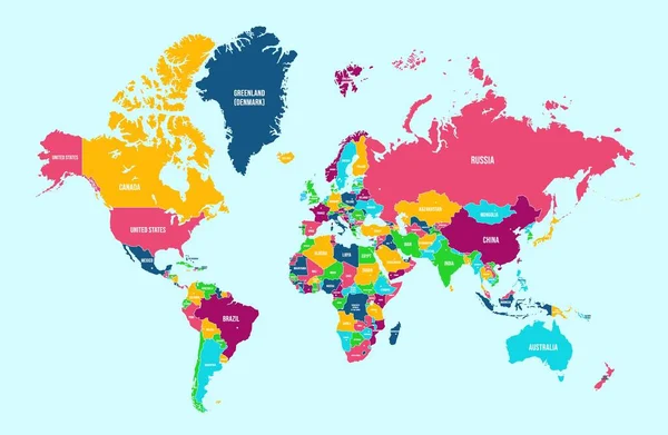政治の世界地図 詳細な大陸 およびグローバル旅行 統計的またはインフォグラフィック設計ベクターのイラストの名前 国境のあるカラフルな地図 — ストックベクタ