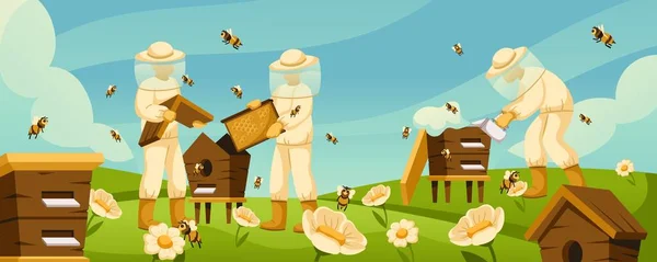 动画养蜂人在Apiary 蜜蜂在花田的蜂窝里飞来飞去 野花盛开 工蜂繁茂 农村养蜂生命载体说明 身着防护服的人 — 图库矢量图片