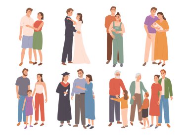 Aile gelişim aşamaları. Lifes Journey toplantısından büyükbaba karikatür vektör çizimlerine kadar. Randevu, düğün, hamilelik, doğum ve çocuk mezuniyeti