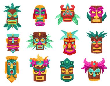Çizgi film tiki maskeleri. Hawaii bambu totemleri, antik tropikal ahşap kabile heykelleri ve ada tanrıları vektör seti. Geleneksel yüz, somurtkan Afrika etik idolleri.