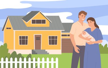 Çizgi film aile evi. Mutlu bir baba, anne ve çocukların olduğu banliyö evi. Banliyödeki aile evinin emlak temsilciliği