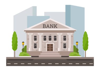 Çizgi film binası cephesi. Şehir bankasının dış mimarisi sütunları, finansal hizmetleri ve dış cephe binasının düz vektör illüstrasyonuyla