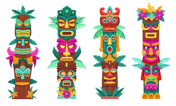 Тотемные Столбы Маске Традиционные Племенные Скульптуры Лица Богов Острова Тики — стоковый вектор