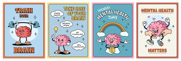Mental health posters. Take care and train brain, world mental health day card with cartoon brain mascot vector set of health mental positive illustration