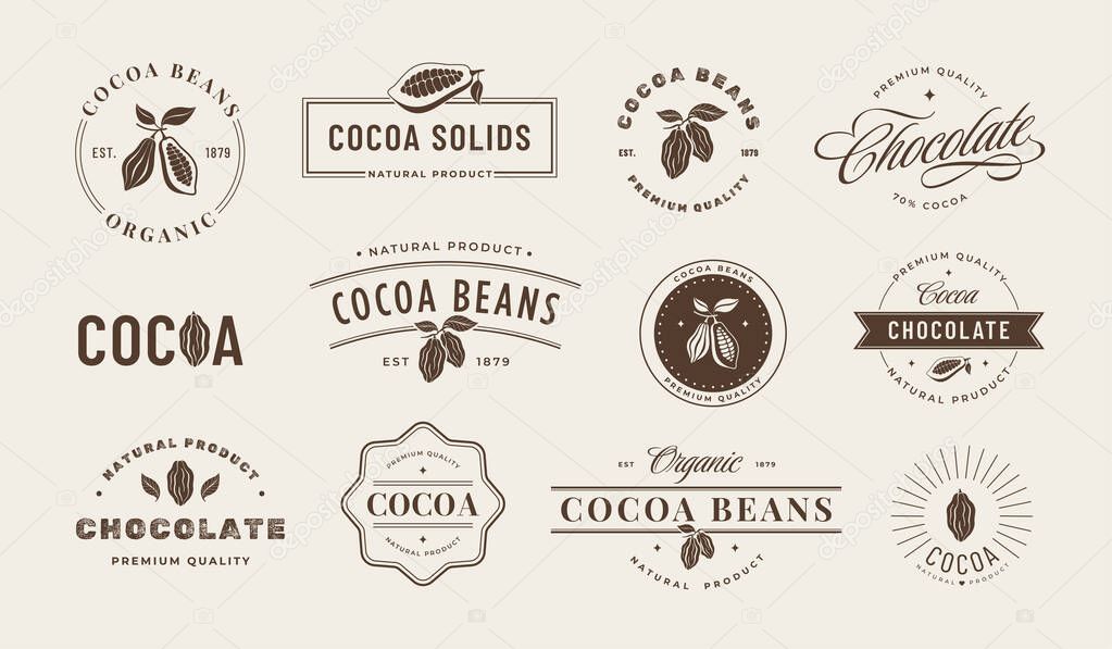 Cocoa emblem. Vintage cocoa bean labels, artisanal chocolate gourmet branding design templates vector set of chocolate food bean emblem illustration