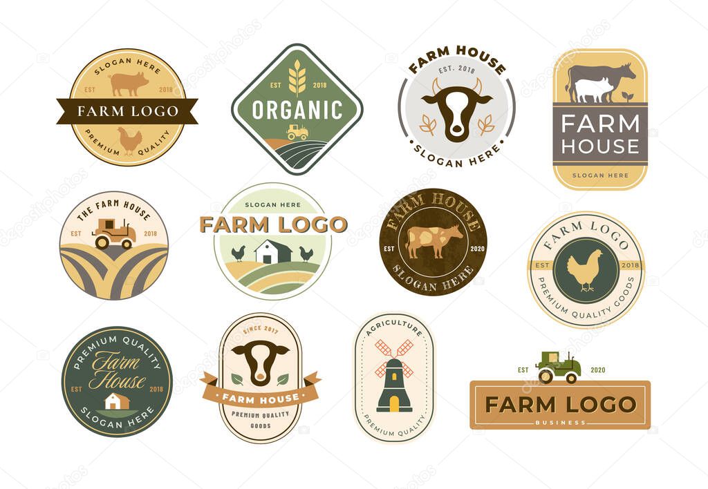 Farm icons. Rustic homestead, organic farming, meat and poultry house branding design templates vector set of farm icon organic agriculture illustration