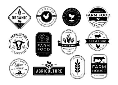 Stencil çiftlik amblemleri. Çiftlik damgası, tarım etiketi ve çiftlik evi markalaştırma şablonu vektör seti amblem çiftliği organik iş illüstrasyonu