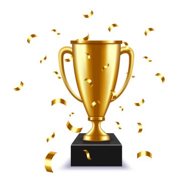 Altın kupa. Turnuva ödülü, konfetiyle birlikte altın kupa. Yarışma galibi ödül vektör illüstrasyonunu altın kazanan, altın ödül